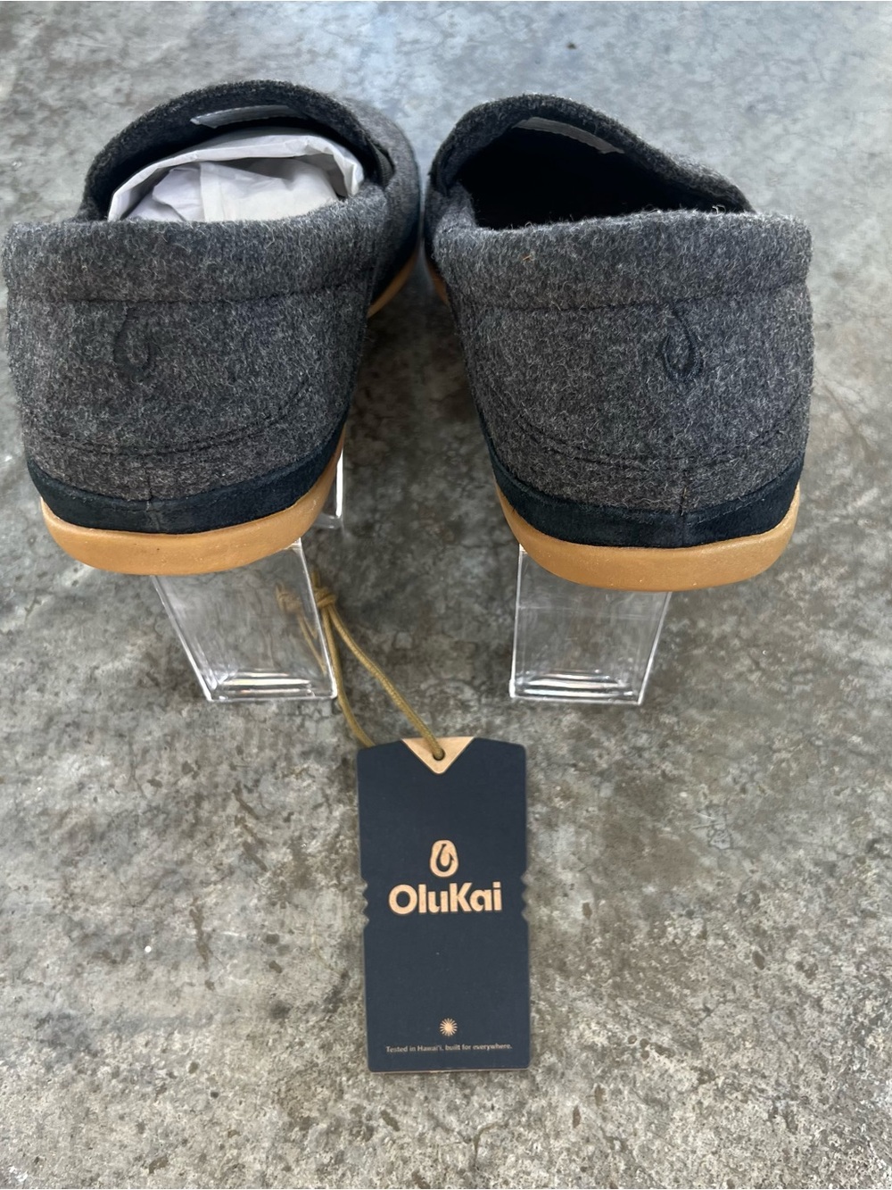 OluKai Charcoal Wool Slip-On with Tan Rubber Soles - Picture 4 of 8